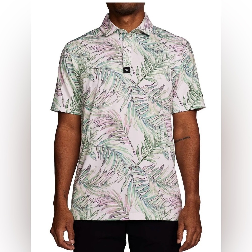 Bad Birdie Men's Golf Polo Shirt Incognito All Over Palm Leaf Print Size Med EUC
